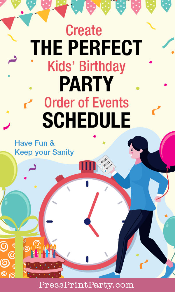 Create the perfect kids birthday party schedule for the day of the event timeline for a stress free party. order of events by Press Print Party!