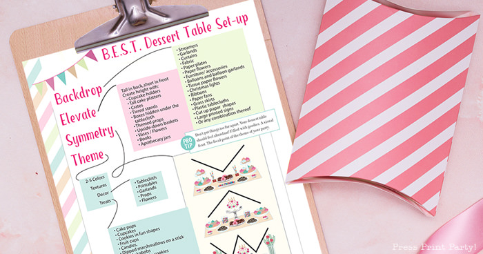 Dessert Table ideas and basic set-up with free printable cheat sheet party planning decorations. Press Print Party!