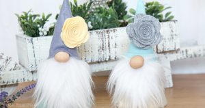 Diy gnome craft for spring no-sew craft ideas with felt flowers and, fur, cardboard cone body with hot glue gun. Press Print Party!