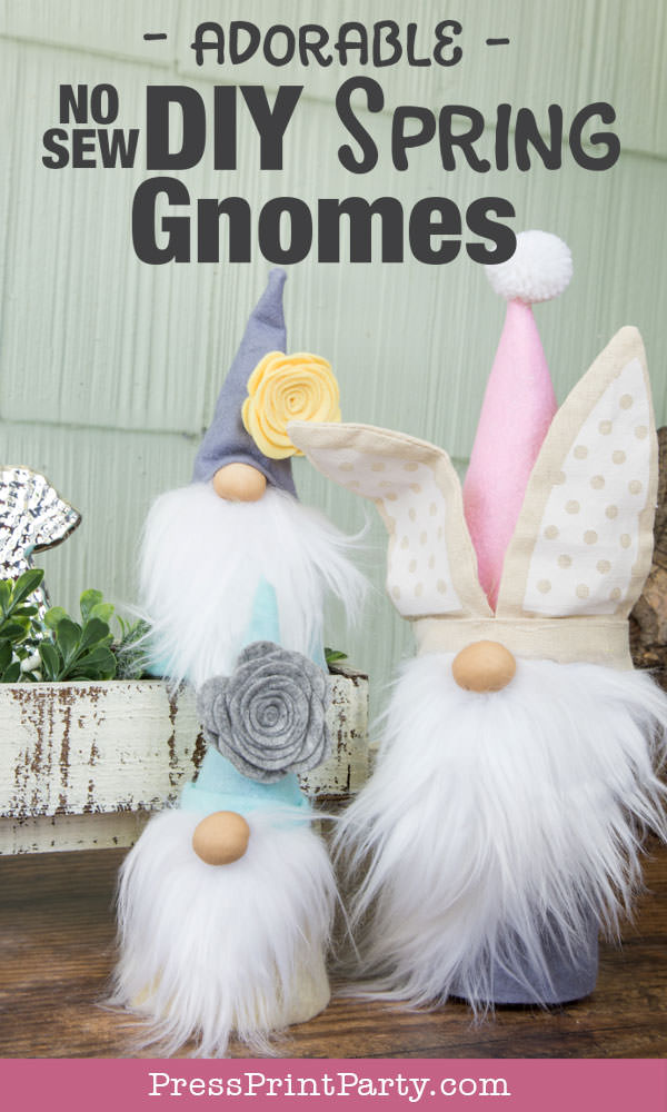 Diy gnome craft for spring no-sew craft ideas with felt flowers and, fur, cardboard cone body with hot glue gun. Bunny gnome for easter Press Print Party!