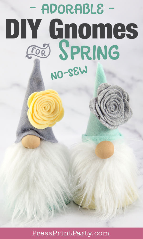 Diy gnome craft for spring no-sew craft ideas with felt flowers and, fur, cardboard cone body with hot glue gun. Press Print Party!