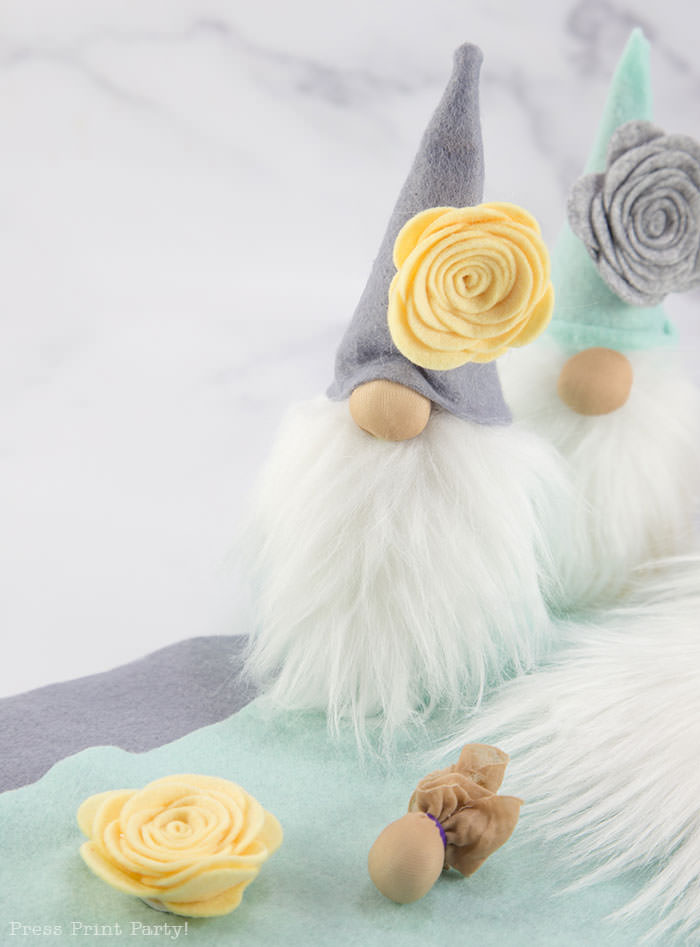 Diy gnome craft for spring no-sew craft ideas with felt flowers and, fur, cardboard cone body with hot glue gun. Press Print Party!