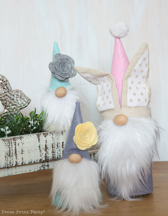 Diy gnome craft for spring no-sew craft ideas with felt flowers and, fur, cardboard cone body with hot glue gun. Bunny gnome for easter Press Print Party!