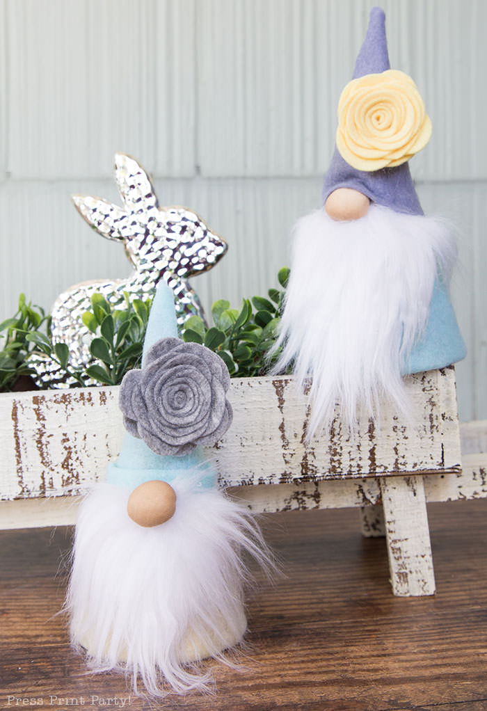 Diy gnome craft for spring no-sew craft ideas with felt flowers and, fur, cardboard cone body with hot glue gun. Press Print Party!