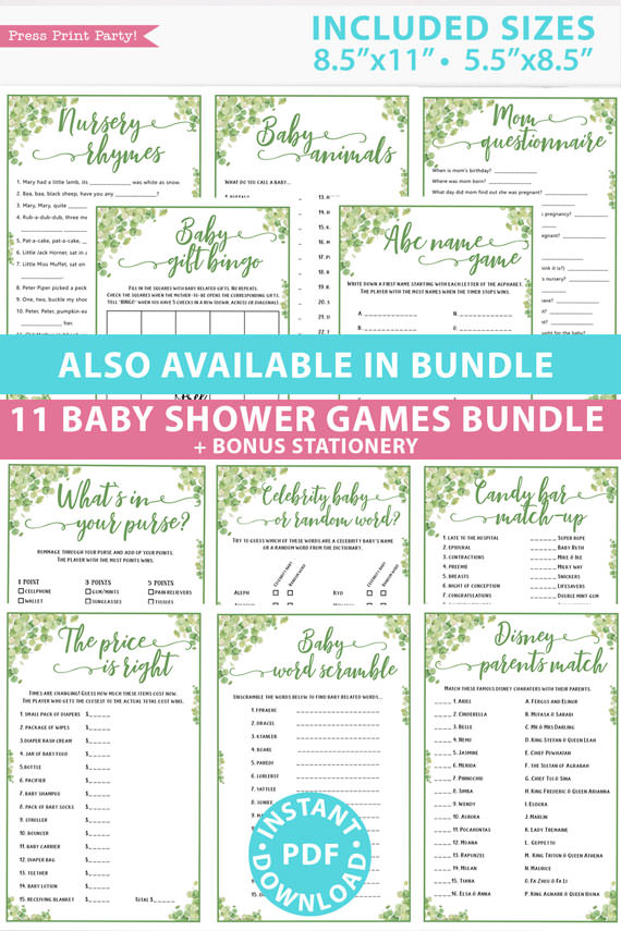 eucalyptus11 baby shower games bundle oh baby baby shower games bundle - what is purse, nursery rhymes, mom questionnaire, disney parent match, celebrity baby, candy bar match up, baby word scramble, gift bingo, baby animals, abc name game.Press Print Party!