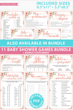 peach flowers 11 baby shower games bundle oh baby baby shower games bundle - what is purse, nursery rhymes, mom questionnaire, disney parent match, celebrity baby, candy bar match up, baby word scramble, gift bingo, baby animals, abc name game.Press Print Party!