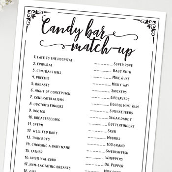 Candy Bar match up baby shower games ideas and activities w printable template instant download by Press Print Party!