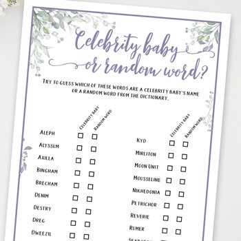 Celebrity baby or random word baby shower games ideas and activities w printable template instant download by Press Print Party!