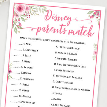 Disney Parents Match baby shower games ideas and activities w printable template instant download by Press Print Party!