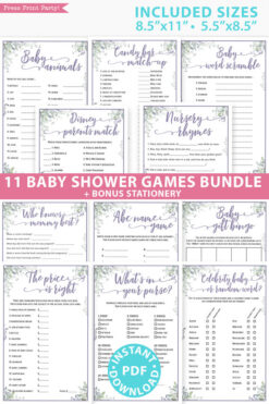 greenery and purple 11 baby shower games bundle oh baby baby shower games bundle - what is purse, nursery rhymes, mom questionnaire, disney parent match, celebrity baby, candy bar match up, baby word scramble, gift bingo, baby animals, abc name game.Press Print Party!