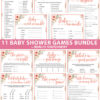 peach flowers 11 baby shower games bundle oh baby baby shower games bundle - what is purse, nursery rhymes, mom questionnaire, disney parent match, celebrity baby, candy bar match up, baby word scramble, gift bingo, baby animals, abc name game.Press Print Party!