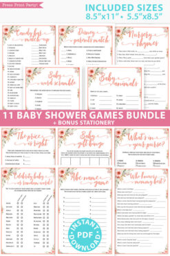 peach flowers 11 baby shower games bundle oh baby baby shower games bundle - what is purse, nursery rhymes, mom questionnaire, disney parent match, celebrity baby, candy bar match up, baby word scramble, gift bingo, baby animals, abc name game.Press Print Party!