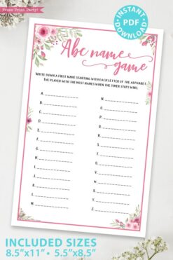 abc name game printable baby shower game pink flowers Press Print Party!