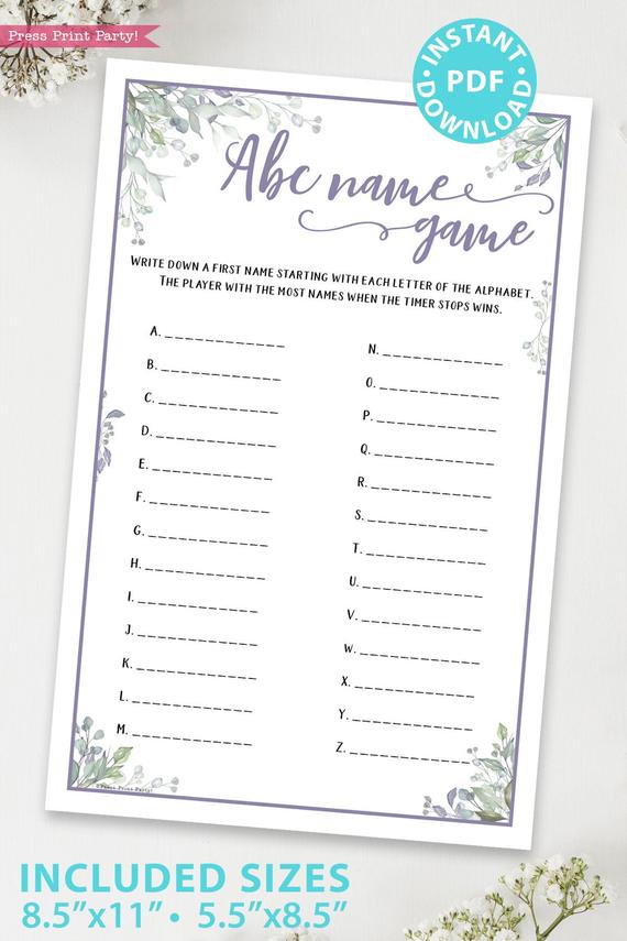 ABC Name Game - Baby shower game printable template pdf, baby shower party ideas, instant download Press Print Party! Greenery and purple design