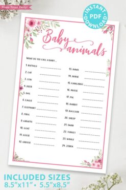 baby animals game printable baby shower game pink flowers Press Print Party!