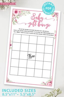 baby gift bingo game printable baby shower game pink flowers Press Print Party!