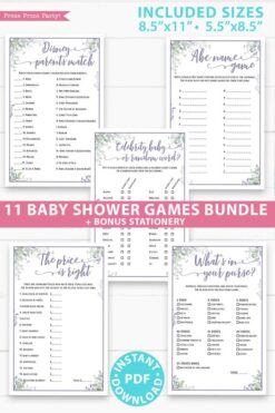 greenery and purple 11 baby shower games bundle oh baby baby shower games bundle - what is purse, nursery rhymes, mom questionnaire, disney parent match, celebrity baby, candy bar match up, baby word scramble, gift bingo, baby animals, abc name game.Press Print Party!