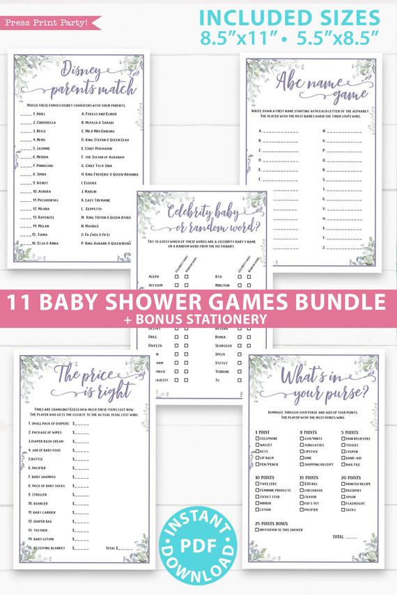 Baby Shower Games Bundle Greenery Baby Games Template Baby 