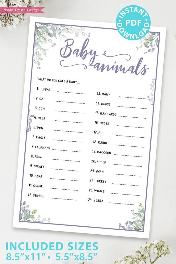Baby animals - Baby shower game printable template pdf, baby shower party ideas, instant download Press Print Party! Greenery and purple design