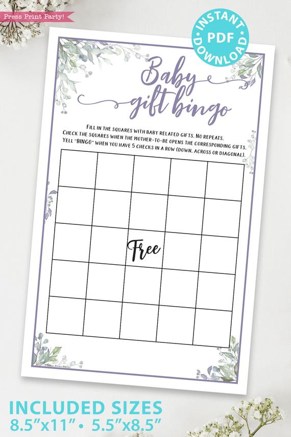 Baby Gift Bingo - Baby shower game printable template pdf, baby shower party ideas, instant download Press Print Party! Greenery and purple design