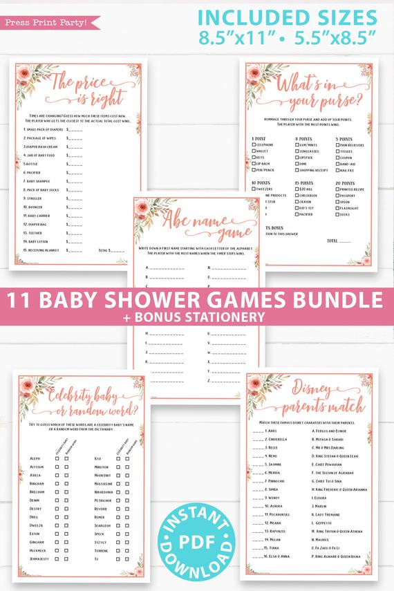 Baby Shower Games Bundle Printable, Peach Flowers, Games Pack, Unique Baby Shower Games, Funny Activities, Girl, Bingo, INSTANT DOWNLOAD