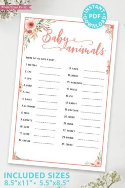 Baby animals Printable baby shower game Peach flowers, instant download pdf Press Print Party!