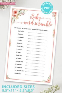 Baby word scramble Printable baby shower game Peach flowers, instant download pdf Press Print Party!