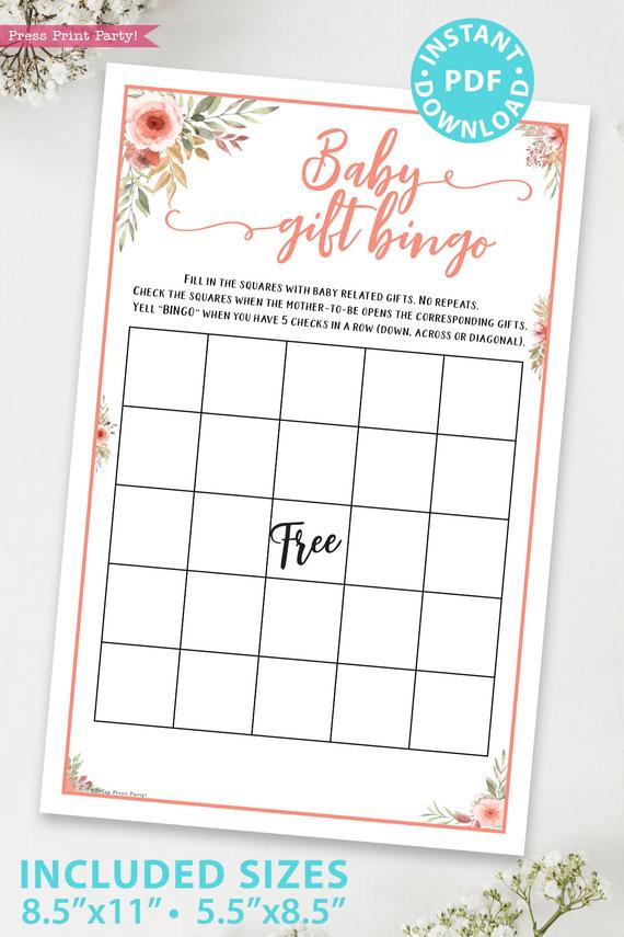 baby gift bingo Printable baby shower game Peach flowers, instant download pdf Press Print Party!