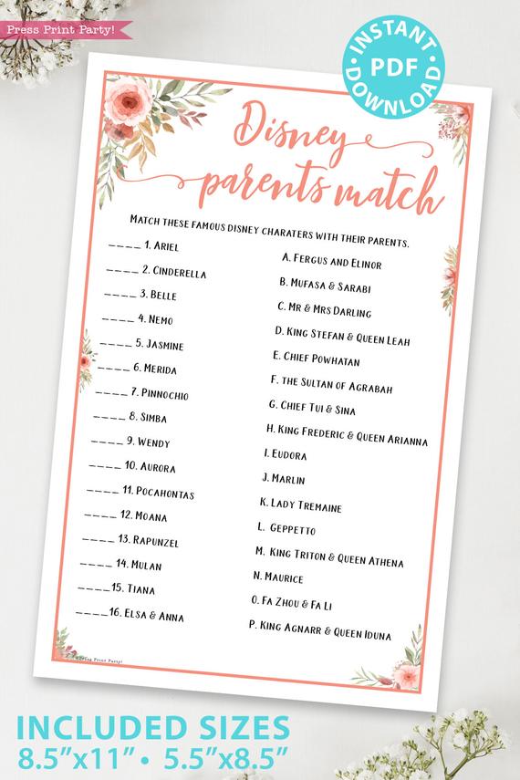 disney parent matchPrintable baby shower game Peach flowers, instant download pdf Press Print Party!