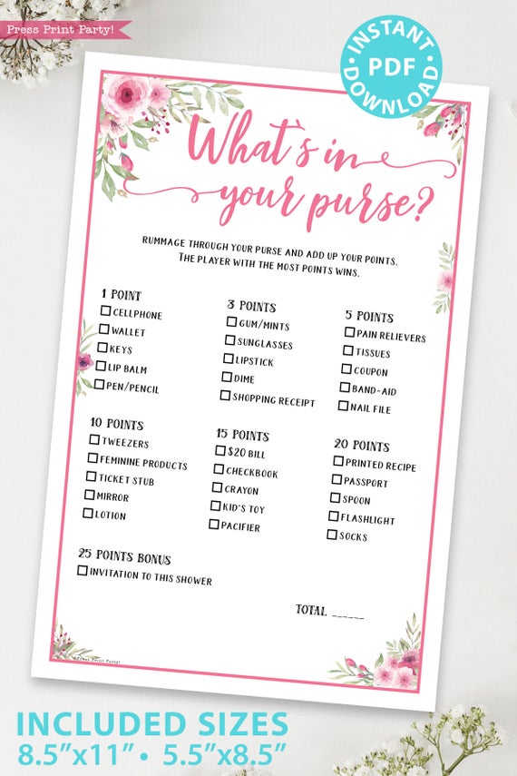 whats in your purse game printable baby shower game pink flowers Press Print Party!