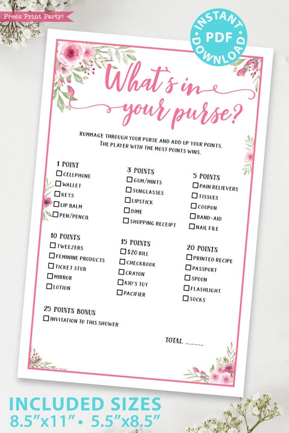 What's In Your Purse Bridal Shower Game Printable - Pink Floral Theme –  Droo & Aya