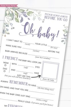 Greenery and purple baby shower mad libs printable. Baby shower games advice card better than a guest book great activity Oh baby Instant Download Press Print Party!