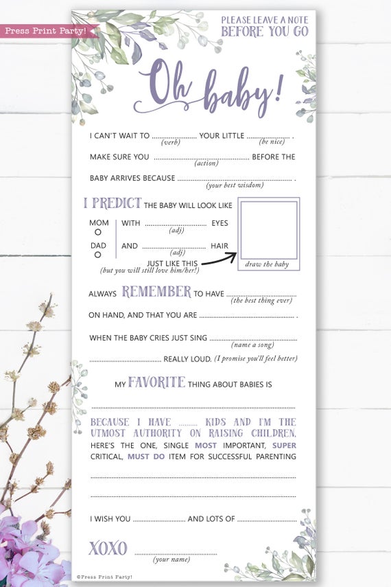 Greenery and purple baby shower mad libs printable. Baby shower games advice card better than a guest book great activity Oh baby Instant Download Press Print Party!