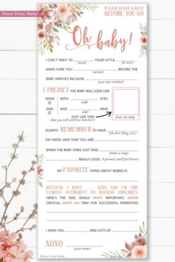 baby shower mad libs printable. Baby shower games advice card better than a guest book great activity peach flowers Oh baby Instant Download Press Print Party!