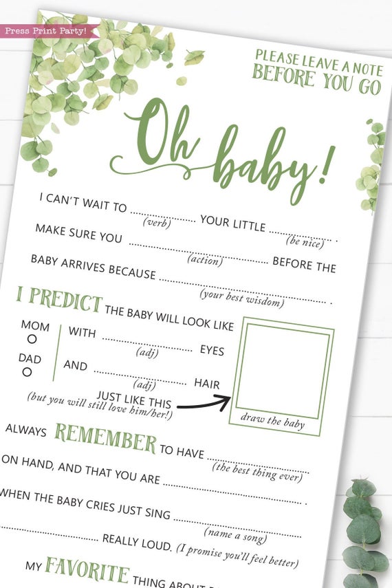 Eucalyptus baby shower mad libs printable. Baby shower games advice card better than a guest book great activity Oh baby Instant Download Press Print Party!