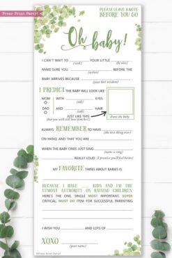 Eucalyptus baby shower mad libs printable. Baby shower games advice card better than a guest book great activity Oh baby Instant Download Press Print Party!