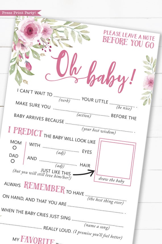 pink flowers baby shower mad libs printable. Baby shower games advice card better than a guest book great activity Oh baby Instant Download Press Print Party!