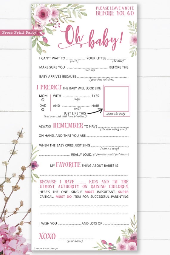 pink flowers baby shower mad libs printable. Baby shower games advice card better than a guest book great activity Oh baby Instant Download Press Print Party!