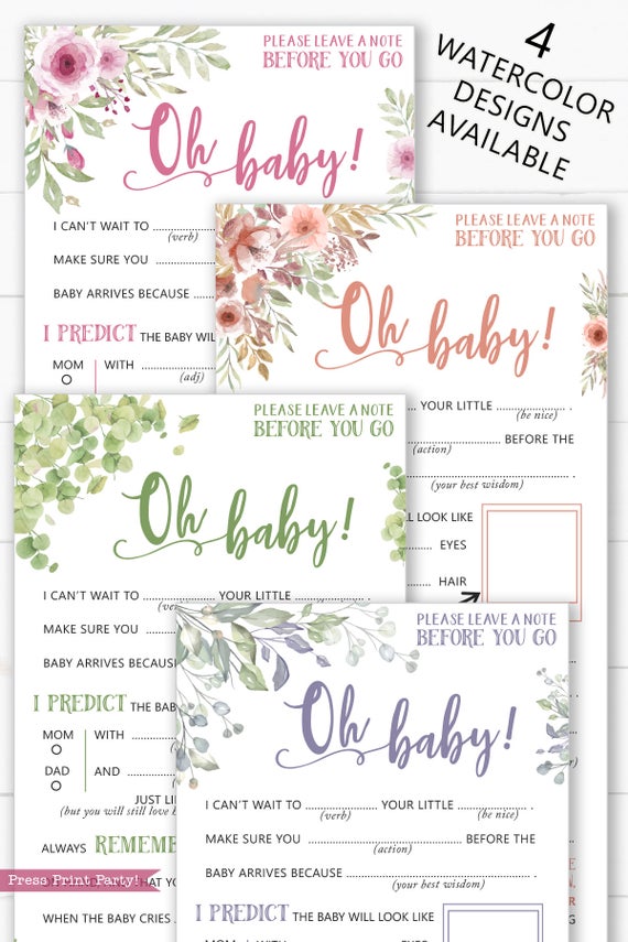 baby shower mad libs advice cards in 4 different designs pink flower, greenery, peach flowers, and eucalyptus Press Print Party!