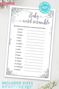 Baby Word Scramble - Baby shower game printable template pdf, baby shower party ideas, instant download Press Print Party! Greenery and purple design