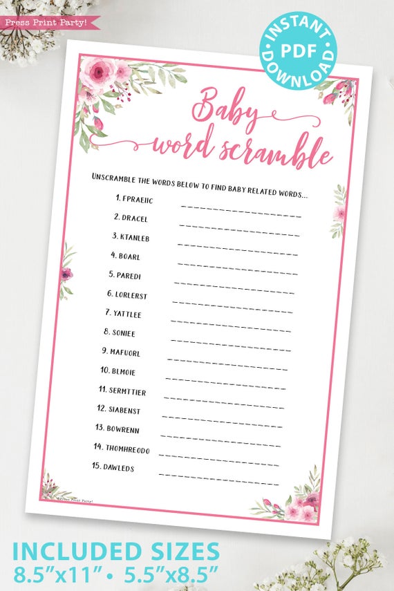 baby word scramble game printable baby shower game pink flowers Press Print Party!