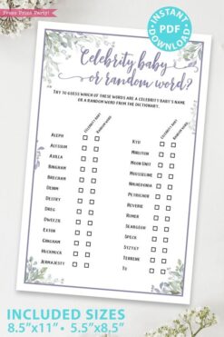 Celebrity baby or random word - Baby shower game printable template pdf, baby shower party ideas, instant download Press Print Party! Greenery and purple design