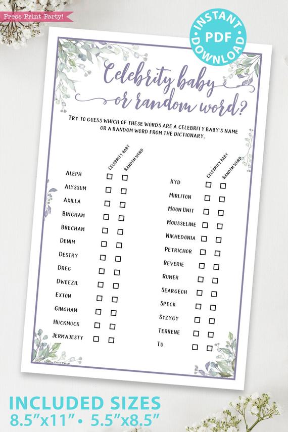 Celebrity Baby Shower Game Printable, Rustic - Press Print Party