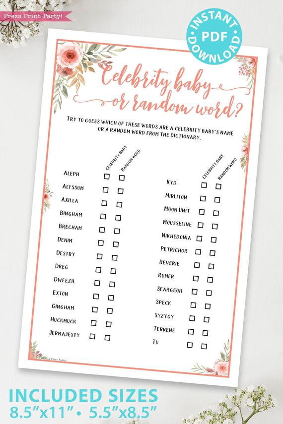 celebrity baby Printable baby shower game Peach flowers, instant download pdf Press Print Party!