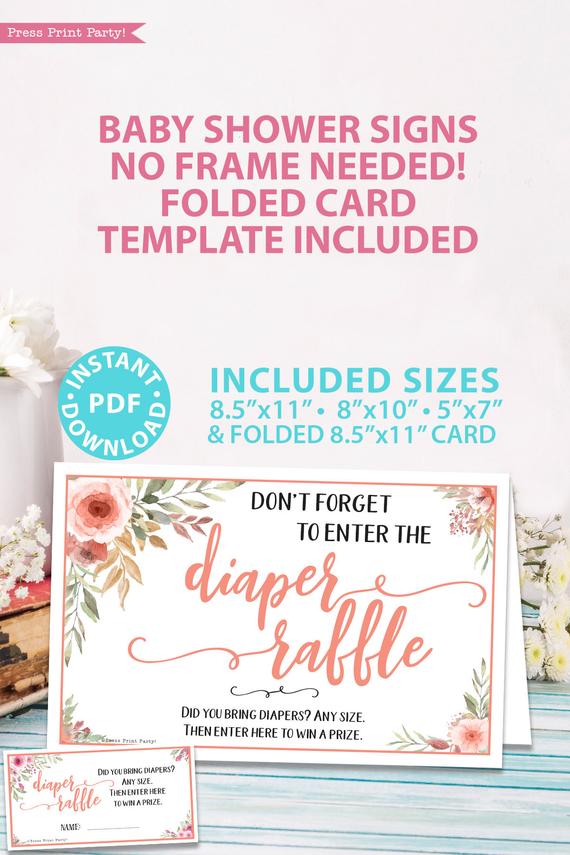 Diaper raffle sign Printable baby shower game Peach flowers, instant download pdf Press Print Party!