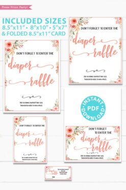 Diaper raffle sign Printable baby shower game Peach flowers, instant download pdf Press Print Party!