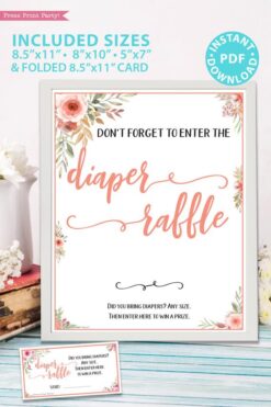 Diaper raffle sign Printable baby shower game Peach flowers, instant download pdf Press Print Party!