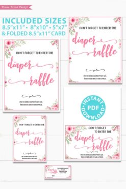 diaper raffle tickets and sign printable baby shower game pink flowers Press Print Party!