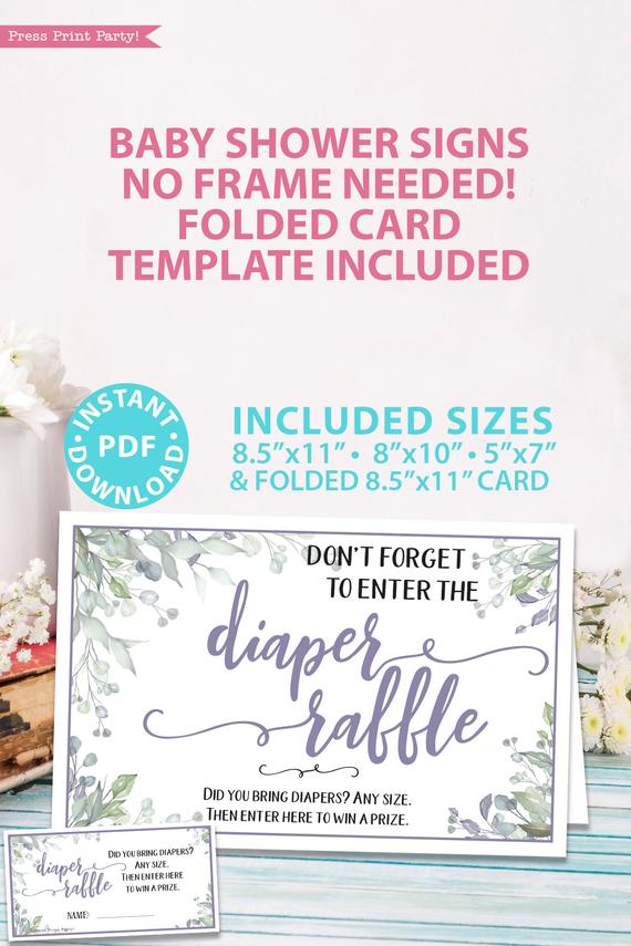 Diaper Raffle sign - Baby shower sign printable template pdf, baby shower party ideas, instant download Press Print Party! Greenery and purple design with tickets