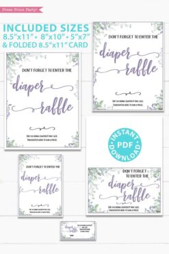 Diaper Raffle sign - Baby shower sign printable template pdf, baby shower party ideas, instant download Press Print Party! Greenery and purple design with tickets